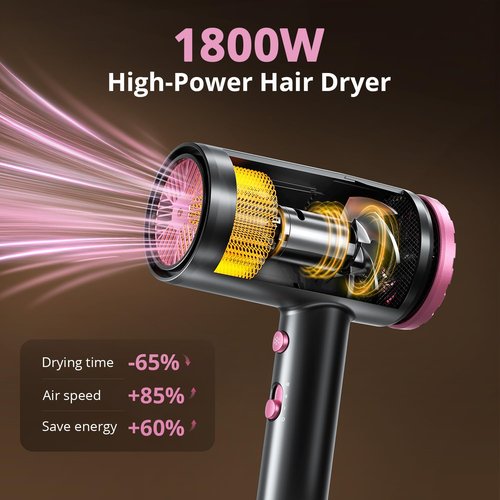 Hair Dryer, 1800W Ionic Hair Dryer with Smart Mode (Baby/Men/Women), High Speed Brushless Motor for Fast Drying (2-5 Mins), Blow Dryer with Diffuser, Lightweight for Home & Travel(Pink)(Black Pink)