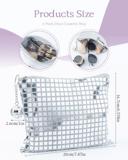 RGBDOT 6 Pack Disco Ball Makeup Bag - Disco Party Decorations and Favors, Sequin Mirror Cosmetic Bag for Women