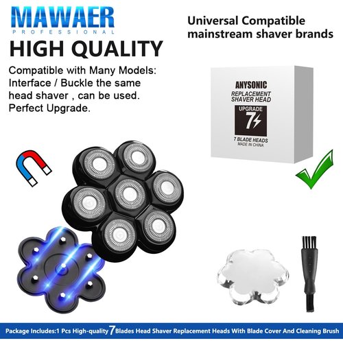 Universal Magnetic Interface 7 Blades Head Shaver Replacement Heads for Freedom Series Head Shaver, Universal Replacement Heads Wet and Dry (7 Blades, Magnetic Interface)