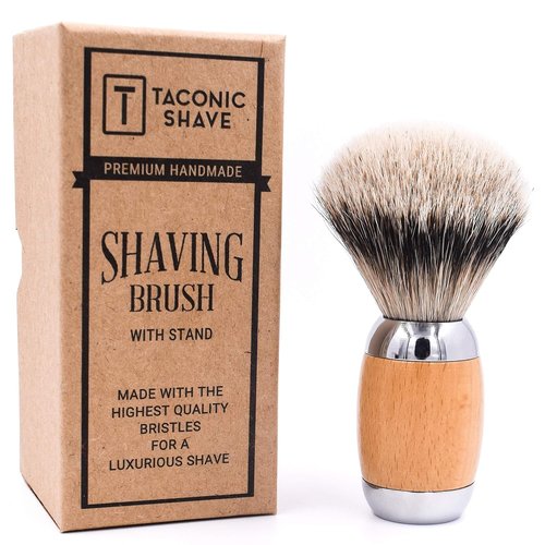 Taconic Shave's Extra Dense 100% 3-Band Silvertip Badger Luxury Shaving Brush –Deluxe Beechwood and Chrome Handle - Shaving Stand Included