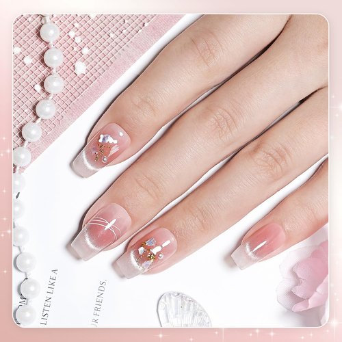 JODSONE Pink Square Press on Nails 3D Handmade Cat Eye Reuseable Fake Nail Tips Ready to Wear - Medium