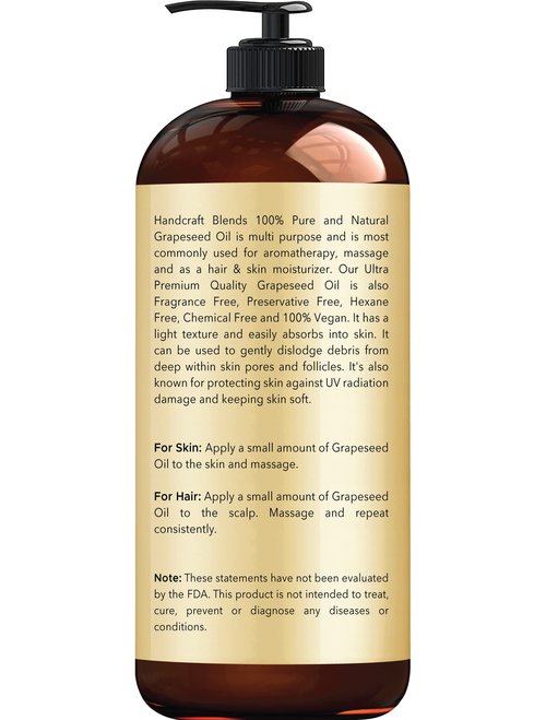 Handcraft Blends Grapeseed Oil | 100% Pure and Natural | Bath & Body Oil | Premium Grade Carrier Oil | Skin | Hair | Body | Massage | Cold-Pressed | Hexane-Free | 16 Fl Oz (Pack of 2)