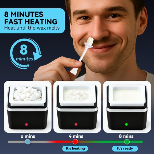 Nose Wax Kit - Portable Ear Nose Hair Waxing Kit for Men and Women with 100g Ｗax Beans, 40 Nose Hair Sticks, 10 Applicators, 10 Mustache & 10 Ear Protectors, Wax Warmer Kit for Hair Removal - White