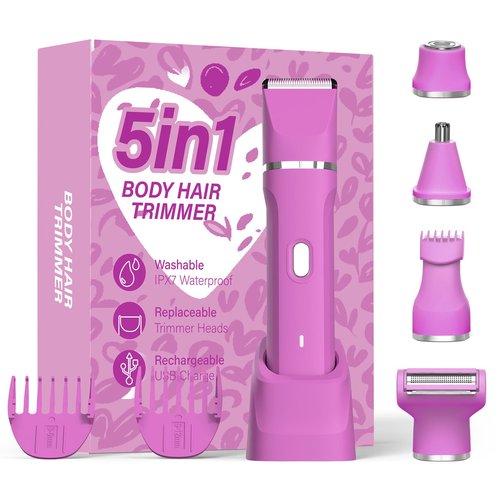 Bikini Trimmer for Women 5-in-1 Electric Razors IPX7 Waterproof Shaver Ceramic Blade Painless Pubic & Facial Hair Remover (Hot Pink)
