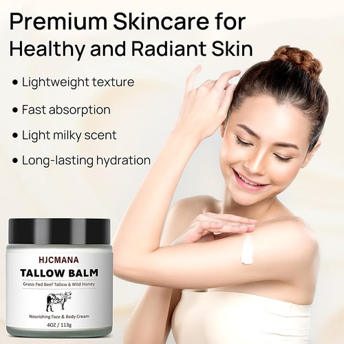 HJCMANA Beef Tallow for Skin 4 OZ, Natural Unscented Tallow and Honey Balm, Grass Fed Beef Tallow for Face and All Skin Types