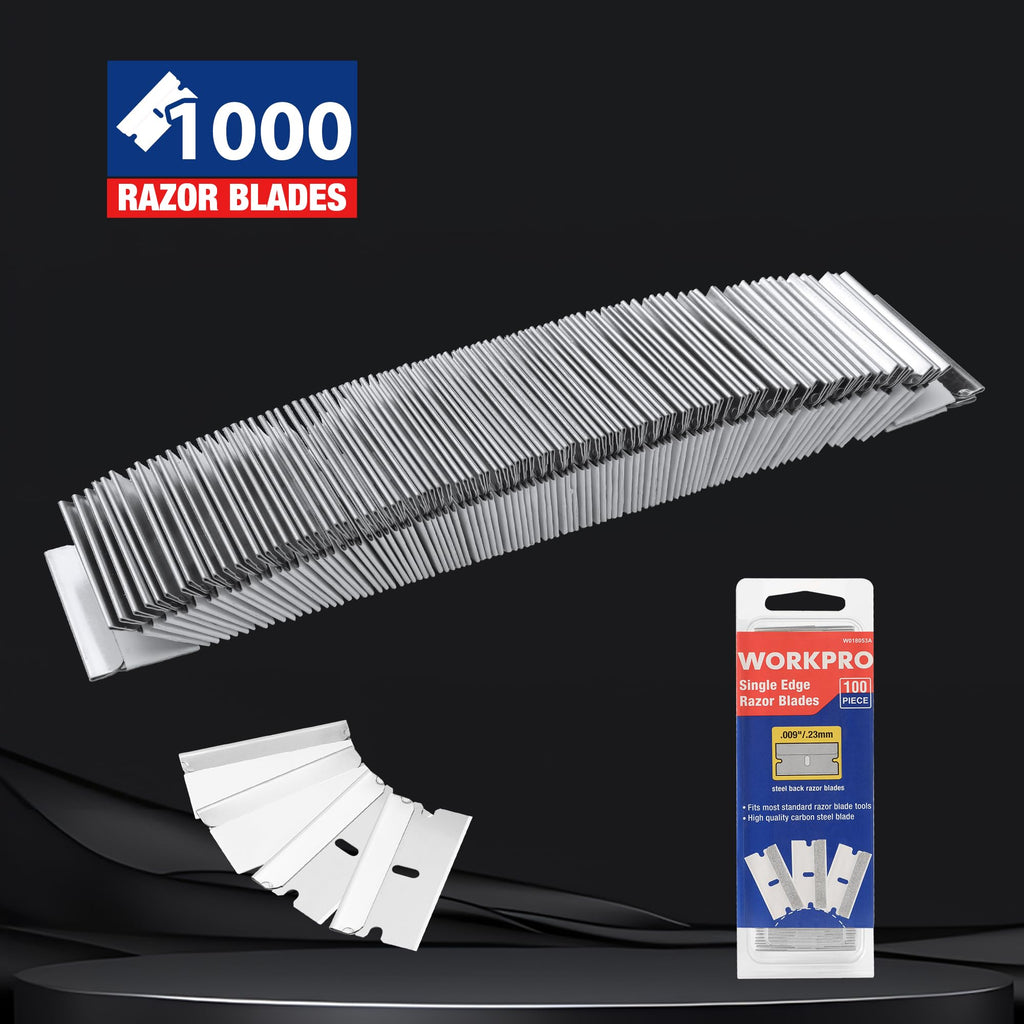 WORKPRO 1000-Pack Single Razor Edge Blades, Industrial Scraper Razor Blades, High Carbon Steel One Edge Razor Blades
