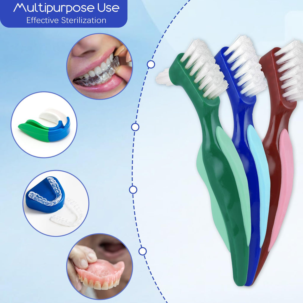 WY LIGHTING LEVEL 3 Pcs Hard Denture Brush, 3 Colors Premium Hygiene Denture Cleaning Brush for Denture Care, Double Sided Toothbrush with Multi-Layered Bristles & Rubber Anti-Slip Handle