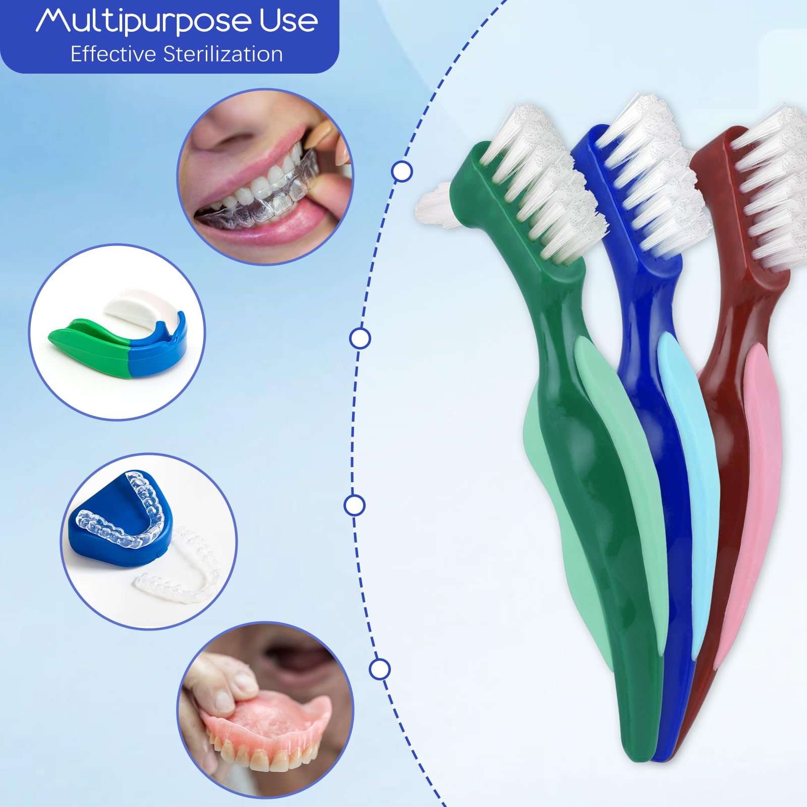 WY LIGHTING LEVEL 3 Pcs Hard Denture Brush, 3 Colors Premium Hygiene Denture Cleaning Brush for Denture Care, Double Sided Toothbrush with Multi-Layered Bristles & Rubber Anti-Slip Handle