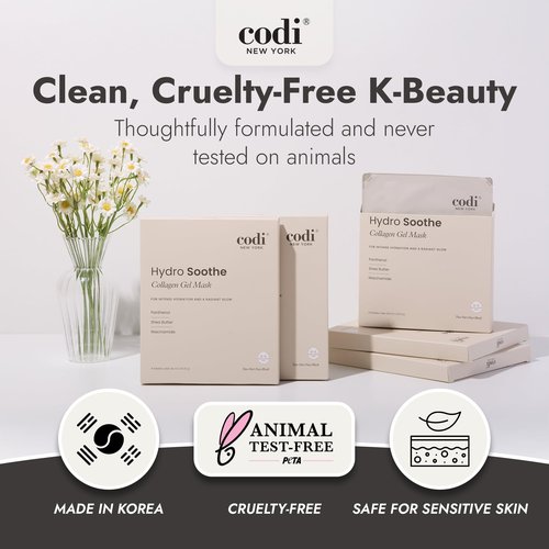 Codi New York Collagen Gel Mask, Non-Slip Breathable Micro-hole Hydrogel for Redness Relief & Glass Skin, Intense Hydration, Soothing, Moisturizing, 4 Sheets (Hydro Soothe)