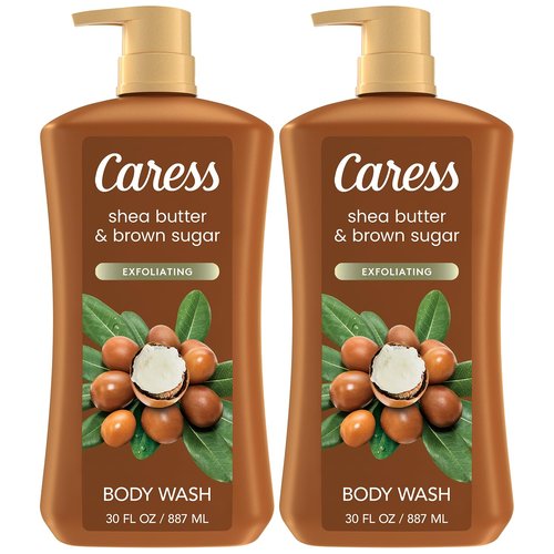 Caress Body Wash, Shea Butter & Brown Sugar 2-Pack, Moisturizing Body Wash for Gorgeous, Radiant Skin, Exfoliating Body Soap Liquid, 30 Fl Oz