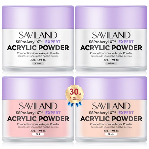 SAVILAND Acrylic Powder: 4PCS 1oz 30g Clear White Nudes Pink Colored Keratin Acrylic Nail Powder Set Professional Nail Powder for Extension 3D Carving