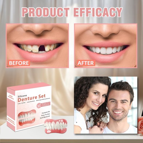 Dentures for Women and Men, Silicone Dentures Upper and Lower, Fix Your Smile at Home Within Minutes, Natural Shade False Teeth & Veneers