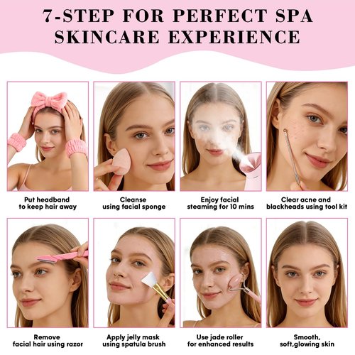 Pjordo Facial Steamer Spa Kit, 12 Skin Care Tools & 5 Jelly Mask Powder, Nano Ionic Steamer for Facial Deep Cleaning Unclog Pores Sinuses, Warm Mist Humidifier for Home SPA, Self Care Gifts for Women