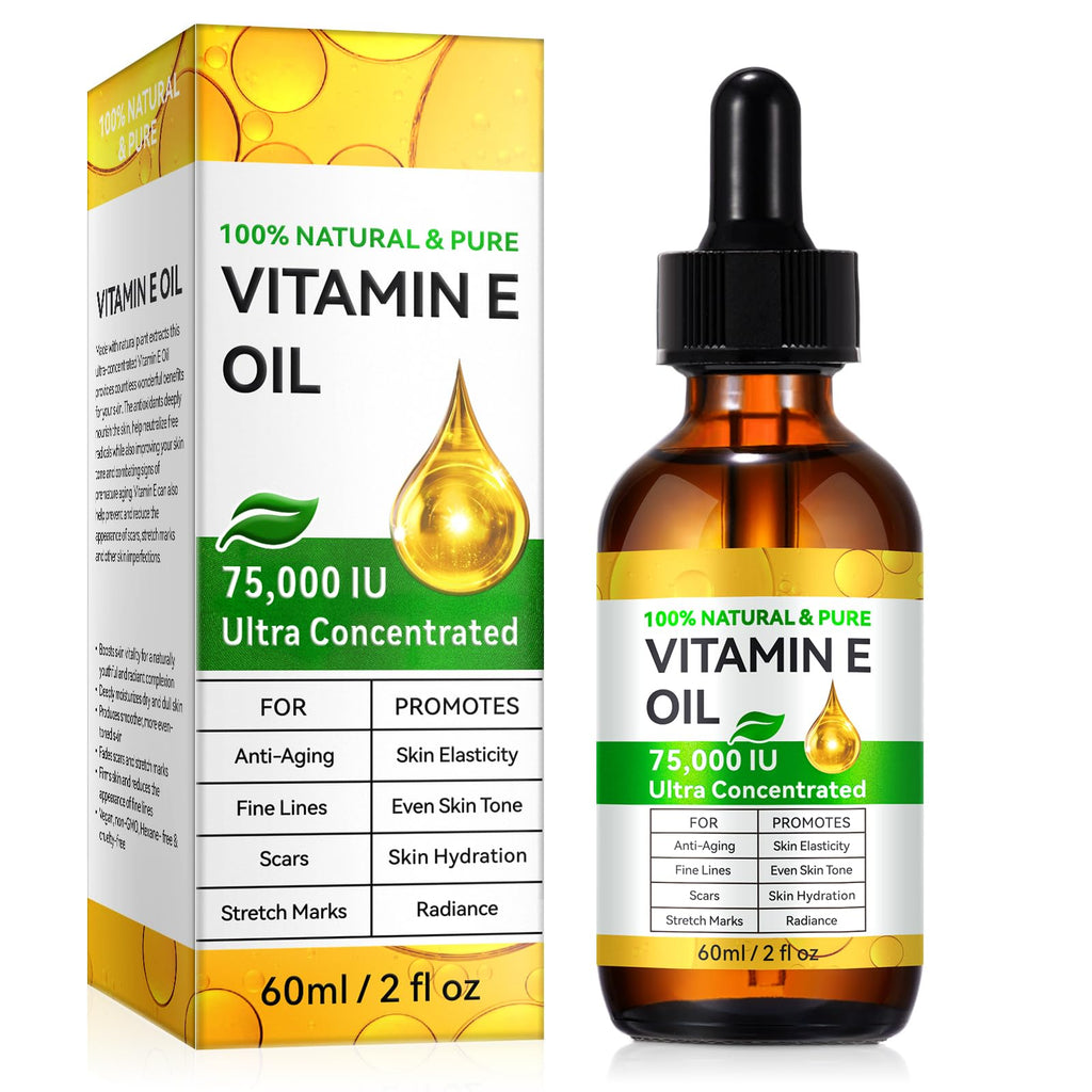 Vitamin E Oil, Pure Vitamin E Oil for Skin, Face, Hair & Scars, Vita-min e Oils 75,000 IU, Antioxidant for Dryness, Wrinkles & Stretch Marks, Moisturizing & Firming Skin, Natural Vitamin e oil, 60ML