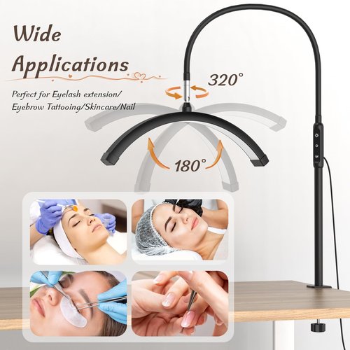 Mznoo Half Moon Light with Clamp, LED Manicure Table Lamp, Desk Lamp for Nail Desk, Eyelash Extensions, Skincare and Tattoo, 5 Brightness Levels and 5 Color Modes, Remote Control (Black)