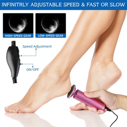 Electric Foot File - Callus Remover, Adjustable Speed, 60pcs Replacement Sandpaper Disks, Aluminum, Pink