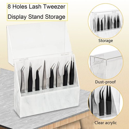 LXIANGN 8 Holes Dust-proof Eyelash Tweezers Holder Case Acrylic Marble Tweezer Stand Display Organizer with Cover for Lash Extensions (white)