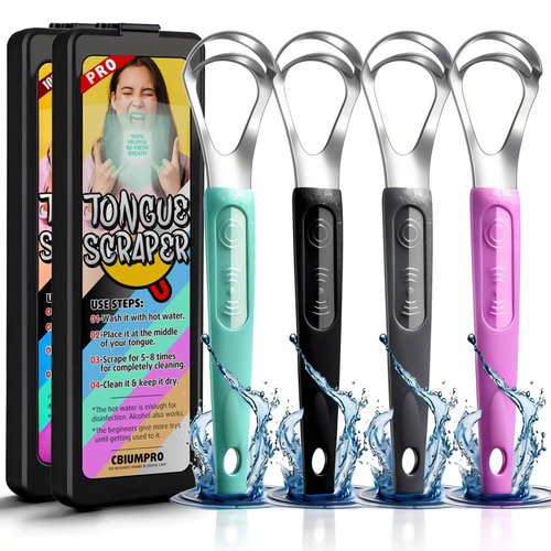 Cbiumpro Tongue Scraper Set - 4-Pack Stainless Steel Cleaners with Travel Case | Fresh Breath for Kids & Adults