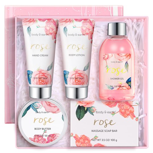 BODY & EARTH Spa Gift Set for Women - Luxurious 5 Pcs Bath and Body Spa Gift Box, Rose Scent, Includes Body Wash, Body Butter, Body Lotion and More, Birthday Valentines Galentines Day Gifts for Her