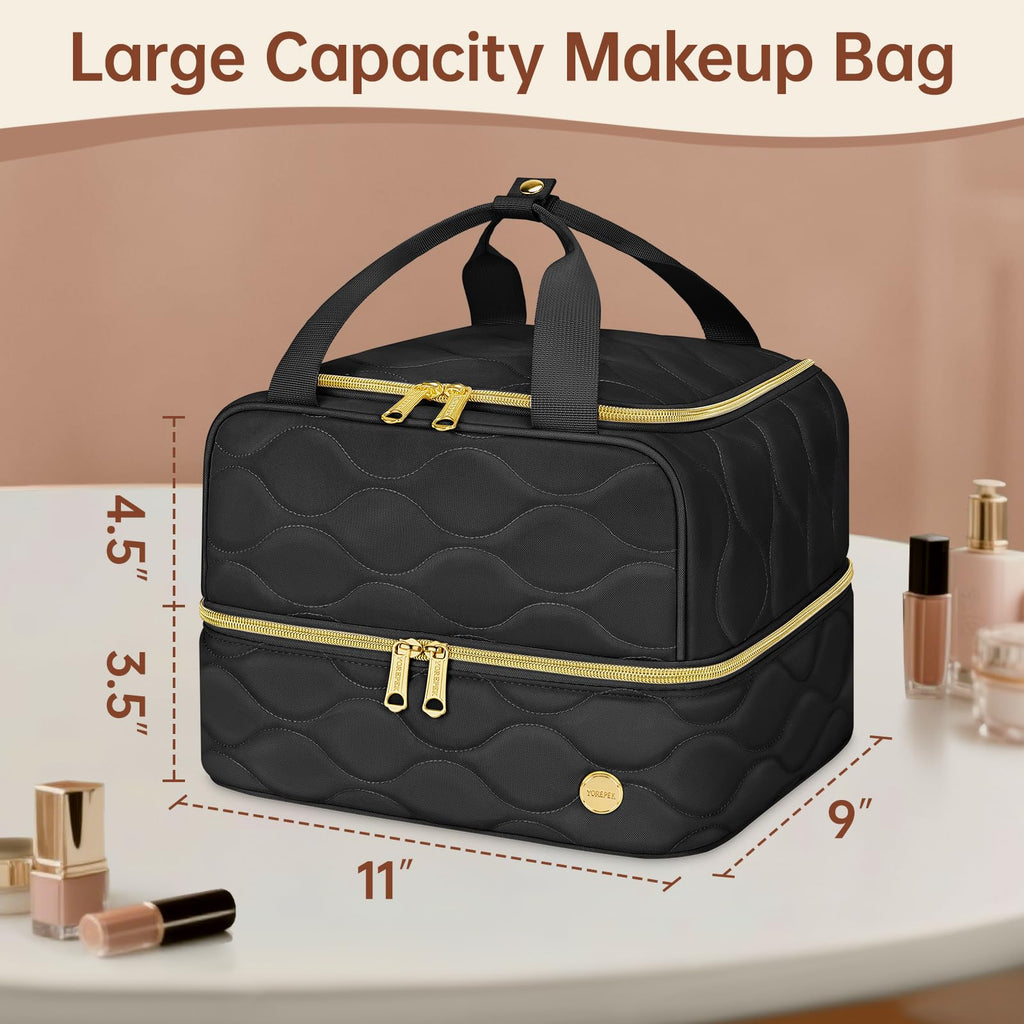 YOREPEK Travel Makeup Organizer Bag, 2-Layer Cosmetic Bags for Women, Portable Makeup Box Cases for Daily Use, Skincare, Brushes, Powders, Palettes, Makeup Tools– cosmetiquera para maquillaje，Black
