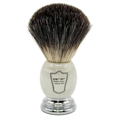 Parker 100% Black Badger Bristle Shaving Brush - Ivory Marbled Handle & Stand Included