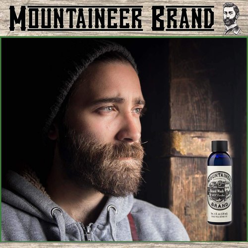 Mountaineer Brand Beard Wash for Men | 100% Natural Beard Shampoo | Thick Cleaning Softening Lather for Hair and Skin | Hydrate and Detangle | Grooming Treatment | WV Timber Scent 4oz
