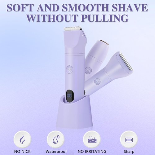 3-in-1 Bikini Trimmer for Women, IPX7 Waterproof Electric Shaver for Women-Rechargeable Electric Razors for Pubic, Facial & Body Hair Trimmer with LED Display, Travel Kit & Painless Blades (Purple)