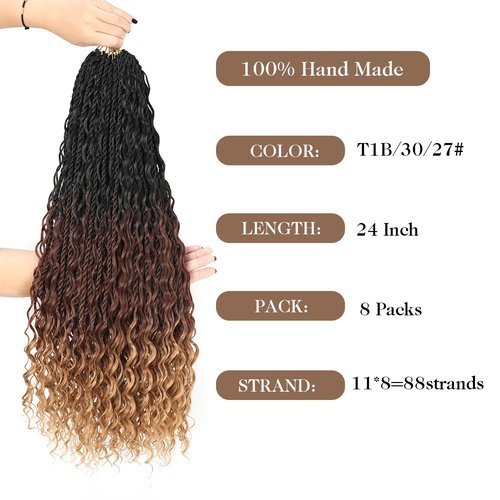 Boho lsland Twist Crochet Hair 24 Inch 8 Packs Ombre Auburn Blonde Pre-Looped Senegalese Twist Crochet Braids with Curly Ends Synthetic Goddess Twist Crochet Hair for Black Women (1B/30/27 24 INCH）