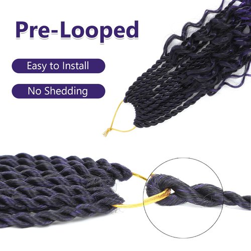 Senegalese Twist Crochet Hair with Curly Ends - 16 Inch Boho Island Twist Crochet Hair 8 Packs Goddess Boho Box Braids Crochet Hair Pre Looped Crochet Hair(16(8Packs), 1B/Purple)