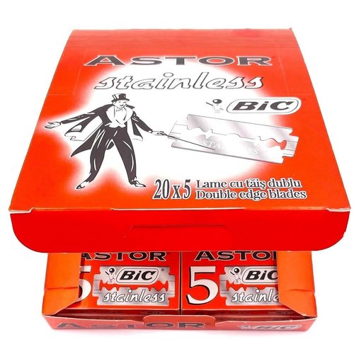 100 BIC ASTOR Platinum Stainless Steel Double Edge Safety Razor Blades with Chromium Polymer Coated Edges for a Close Shave