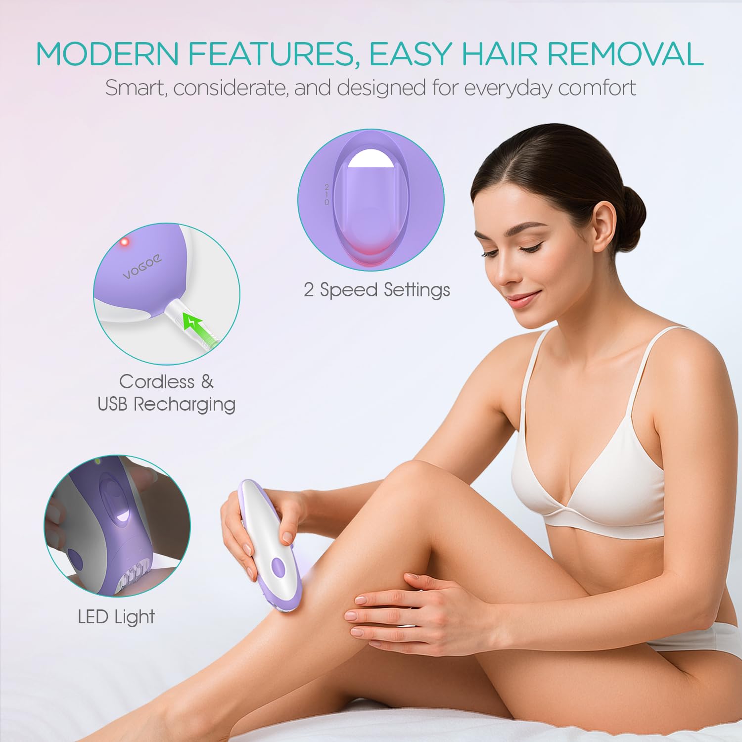 VOGOE Epilator for Women-Cordless Epilators Hair Removal for Women, 4-in-1 Electric Razor Hair Remover, 2 Speeds & 21 Tweezers for Face Legs Arms Armpit Bikini, Purple HR310