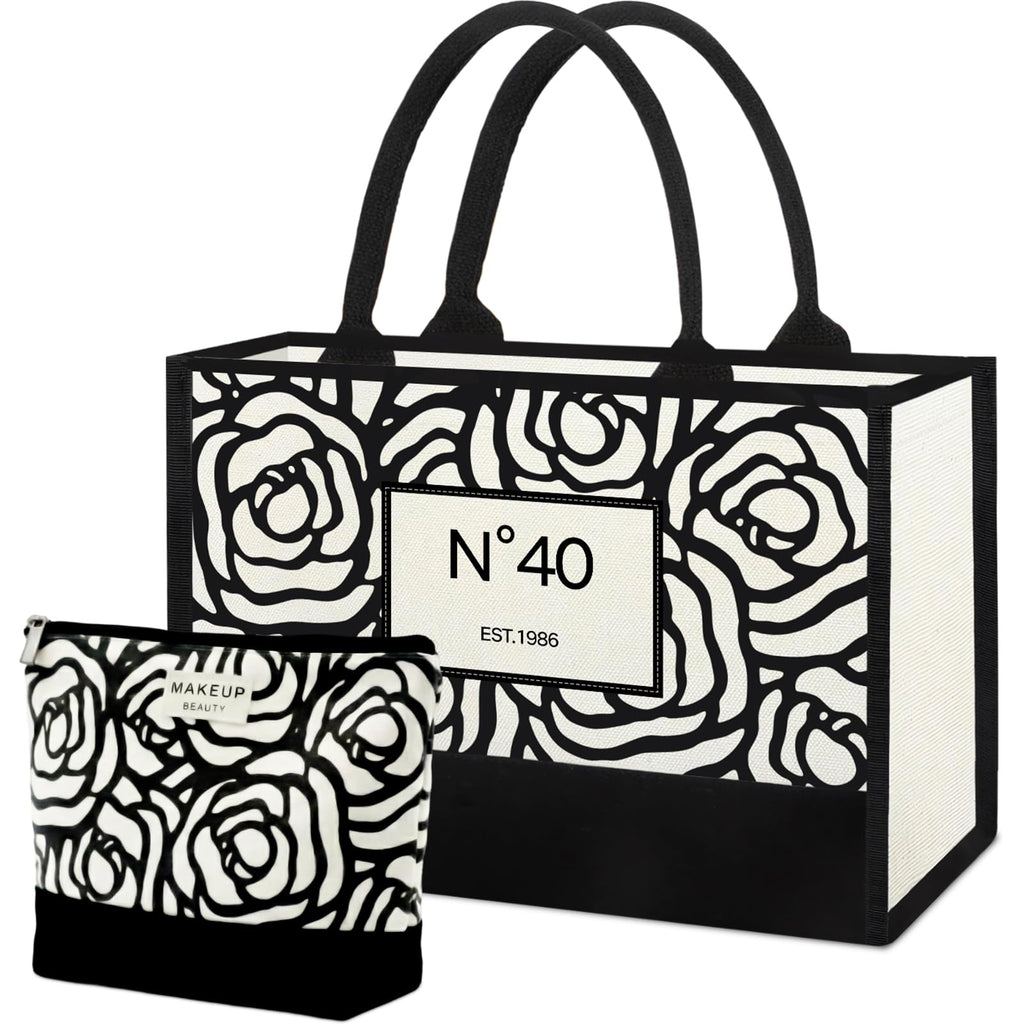 Vintacicle 40th Birthday Gifts for Women Her - Elegant Floral Canvas Tote Bag with Stylish Makeup Bag (40th)