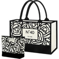 Vintacicle 40th Birthday Gifts for Women Her - Elegant Floral Canvas Tote Bag with Stylish Makeup Bag (40th)
