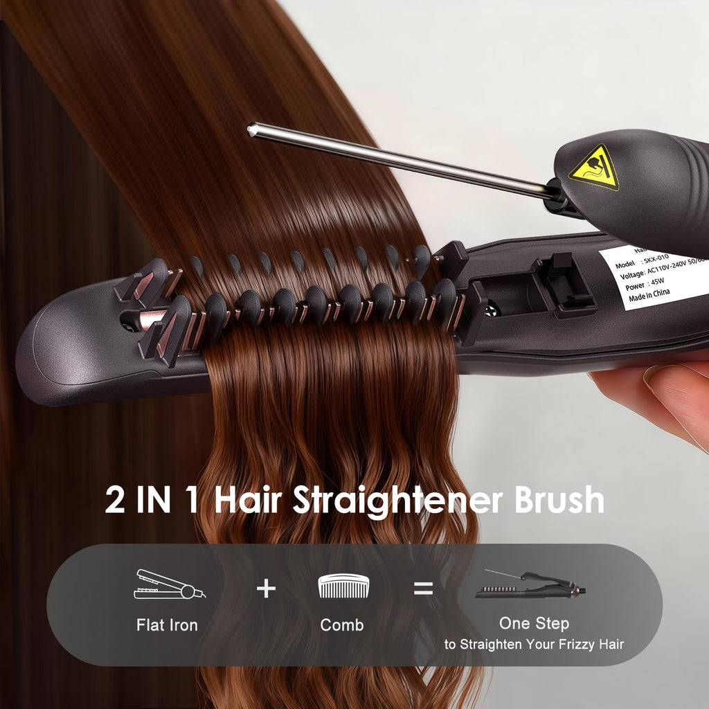 Yiiho Hair Straightener Brush, Straightening Brush with Sectioning Pick for Women & Men, 2 in 1 Hair Straightener Comb with 3 Temperature Settings, Hot Comb Flat Iron for Straightening & Curling