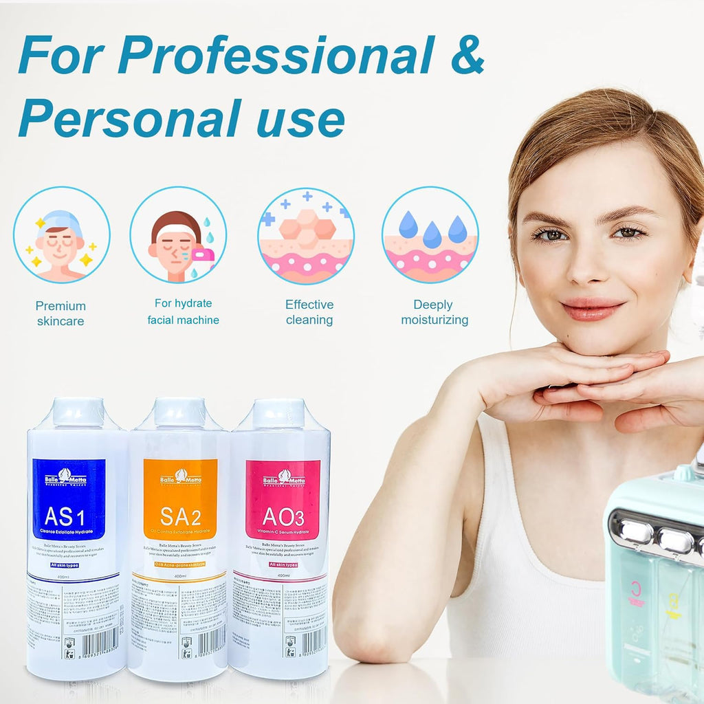 YMEYFAN AS1 Hydrate Solution for Facial Machine Hydrogen Oxygen Professional, AS1 SA2 AO3 Aqua Peeling Solution Serums for Hydration Face Cleaning, Face Skin Care, Hydrating, Exfoliate (400ml/3Pcs)