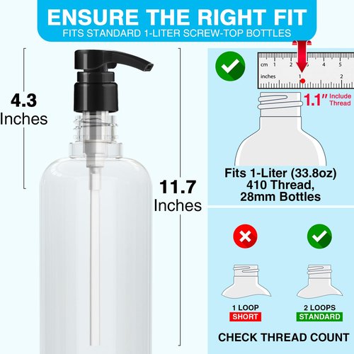 4-Pack Shampoo Pump for Liter 33.8 oz Shampoo and Conditioner, Pump Dispenser Fits Most Salon Brand Bottles with 1.1 inch Wide Opening, Black Replacement Pump for Hair Products, Body Wash, Lotion, Gel