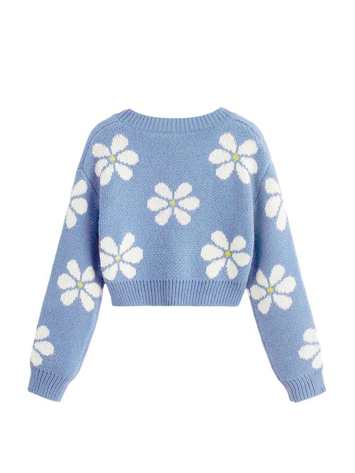 SHENHE Girl's Floral Print V Neck Long Sleeve Knitted Cropped Sweater Jumper Tops Blue 11-12Y