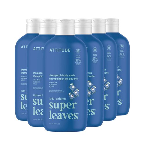ATTITUDE Kids Shampoo & Body Wash - EWG Verified, Vegan, Plant-Based, Blueberry Scent | 16 Fl Oz (Pack of 6)