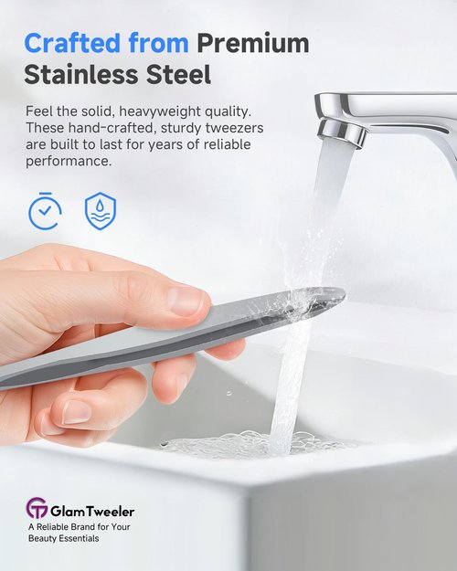 Premium Hand-Made Tweezers with Safe Rounded Tip & Comfort Spring for Pain-Free Plucking, Thick Stainless Steel for Precise Grip on Eyebrows & Facial Hair, Designed for Women and Men