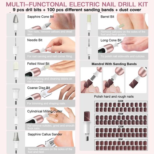 Electric Nail File Set, 9 in 1 Professional Manicure and Pedicure Kit, Cordless Nail Drill for Feet, LCD Display 10 Speeds Electric Nail Drill Machine, Hand Foot Care Tool