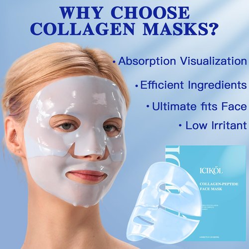 ICIKOL Deep Hydrolyzed Collagen Face Mask, 4 Pack - Age-Defying Sheet Mask with Peptides & Hyaluronic Acid, Restores Skin Elasticity & Firmness for Women