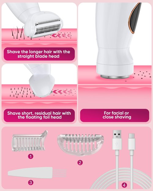 Shaver for Woman for Face, IPX7 Waterproof,White,3 in 1 Bikini Trimmer for Women, Electric Razors for Women with Display, Painless Bikini Trimmer, USB Charging, Electric Shaver for Woman