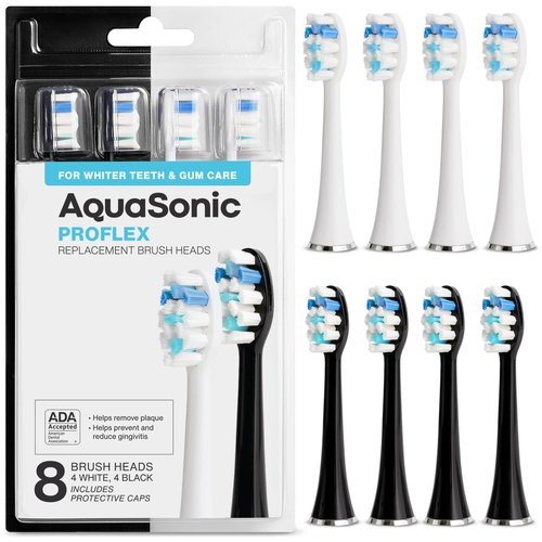 AquaSonic Genuine Duo PRO 8-Pack Replacement Brush Heads - Upgraded Proflex Brush Heads for Improved Plaque Removal - ADA Accepted - Genuine AquaSonic