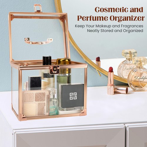Donghome Crown Box 7.9 x 6.7 x 7.5inch, Clear Makeup Case,Cosmetic Organizer, Large Capacity Transparent Acrylic Artists Display Case for Vanity,Bathroom Counter or Dresser (Rose Gold)