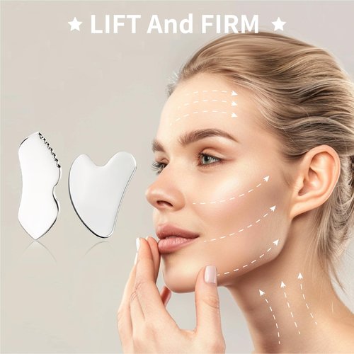 LeMeeOly 2Pcs Gua Sha Facial Tools Stainless Steel, Detailer GuaSha Set for Face Neck, Natural Skin Care Metal Gua Sha Lymphatic Drainage Face Massage Tool, Gift for Women