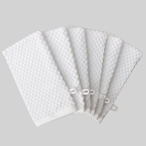 COTTON CRAFT Bath Mitt - Exfoliating Glove - Set of 6 Euro Spa Waffle Weave Towel Mitts - 100% Cotton Body Shower Glove Washcloth with Hanging Loop - Sensitive Skin Friendly - Large 5.5x10 - White