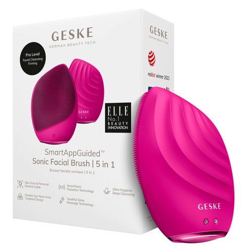 GESKE SmartAppGuided™ Sonic Facial Brush 5 in 1 | Vibrating Electric Facial Cleansing Brush | Soft Silicone Brush | Professional Facial Cleanser | Skin Cleanser & Exfoliator | Face Massager