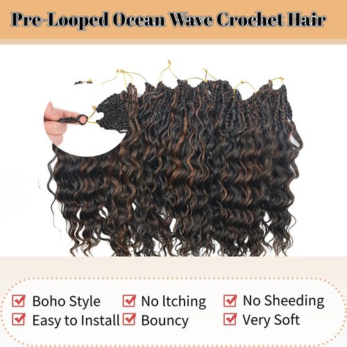 pojui 18 Inch Ocean Wave Crochet Hair 8 Packs - Synthetic Pre-Looped Deep Wavy Curly Braiding Hair for Black Women, Boho Style Hair Extensions (18inch,P1B/30-8 Packs)