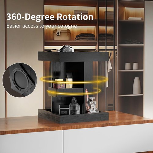 Coneqwliy Wooden Cologne Organizer for Men: 3 Tier Perfume Display Stand with 360 Degree Rotating for Desk & Nightstand - Large Capacity Cologne Shelf Organizer for Mens Gift (Black)