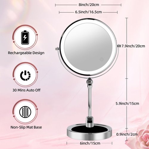 FFowcye 8" Rechargeable Lighted Makeup Mirror with Magnification, Adjustable Height & Brightness 1X/10X Double Side Magnifying Mirror with Light, 3 Color Lighting 360° Rotation Storable Base, Chrome